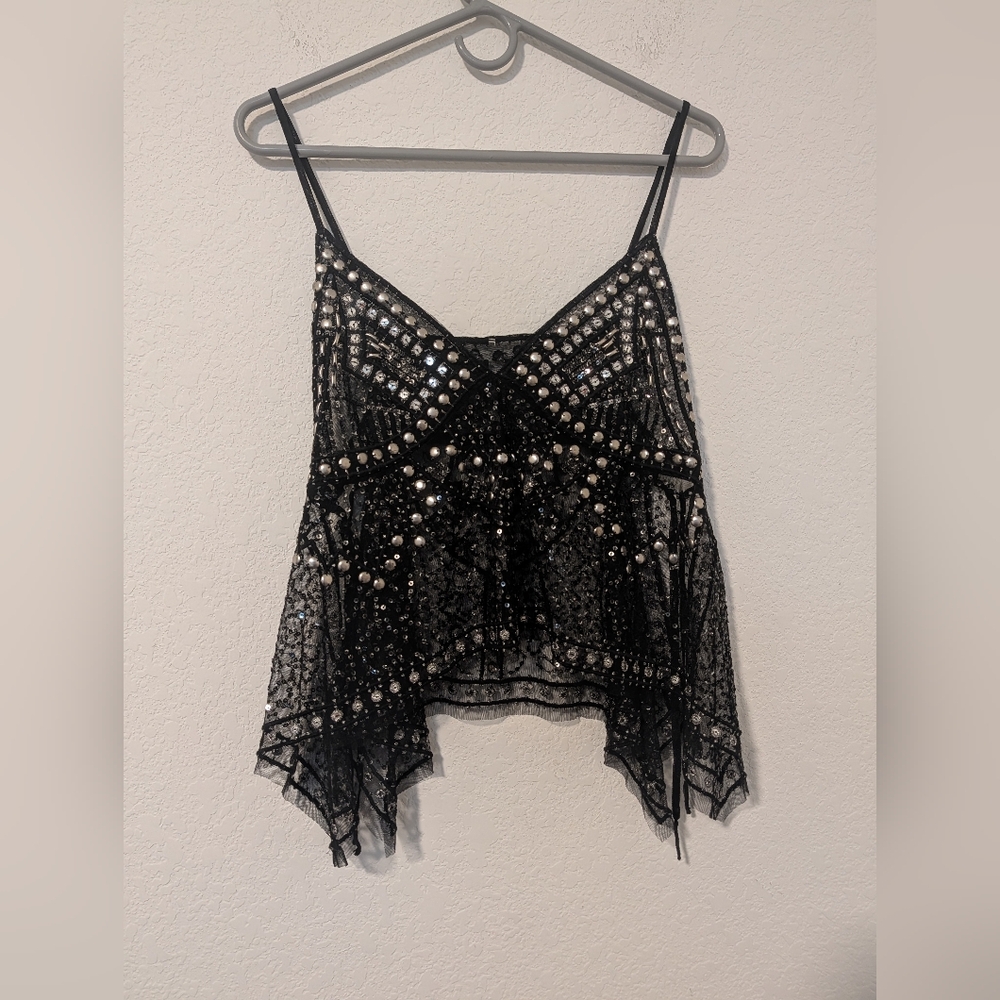 Free People Black Beaded Sheer Tank Top - Picture 6 of 11